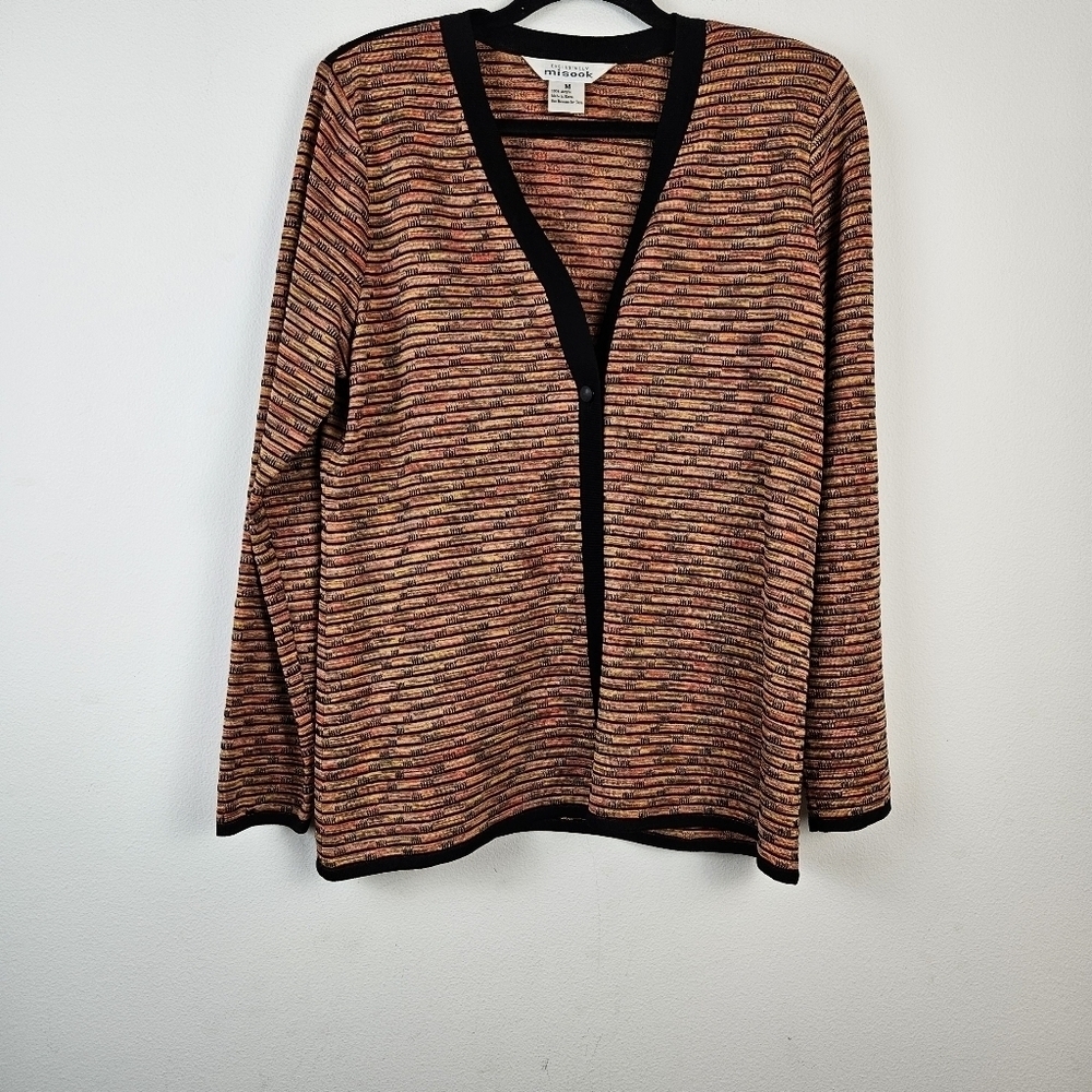 Misook Women Exclusively Black Rust Gold Open Front Single Button Cardiga Size M